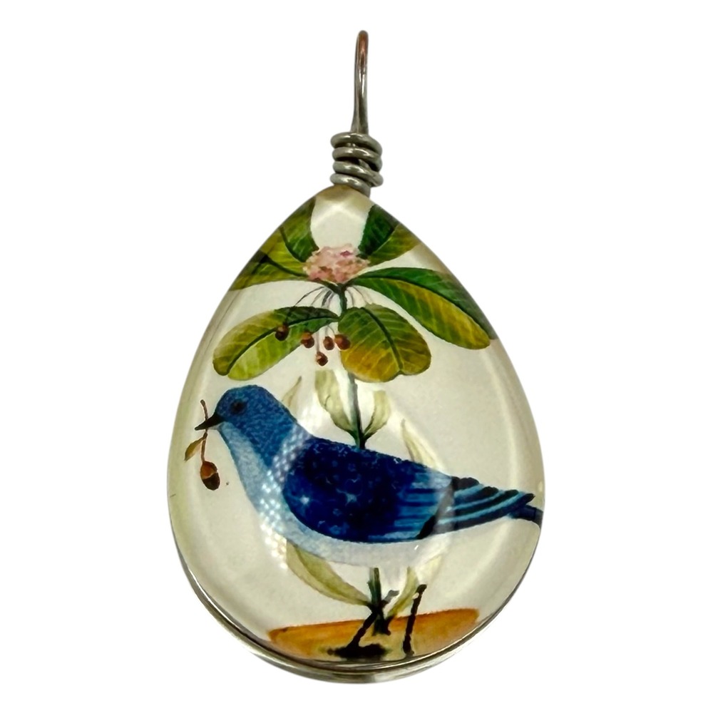 Vintage Pendant Glass Double Sided Bird Teardrop Wire Wrapped